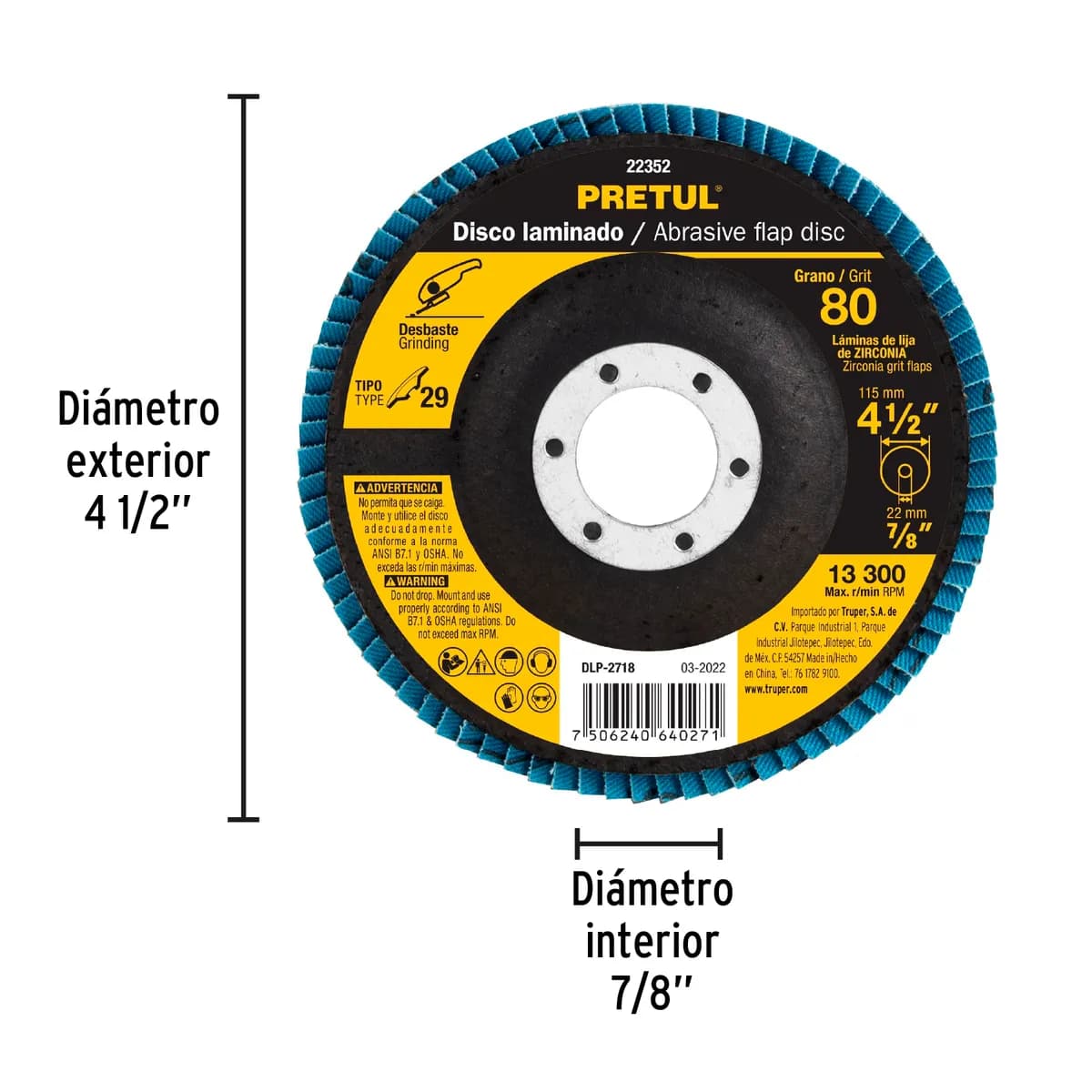 Disco Laminado 4 1/2" Grano 80 Centro 7/8" Pretul - 22352