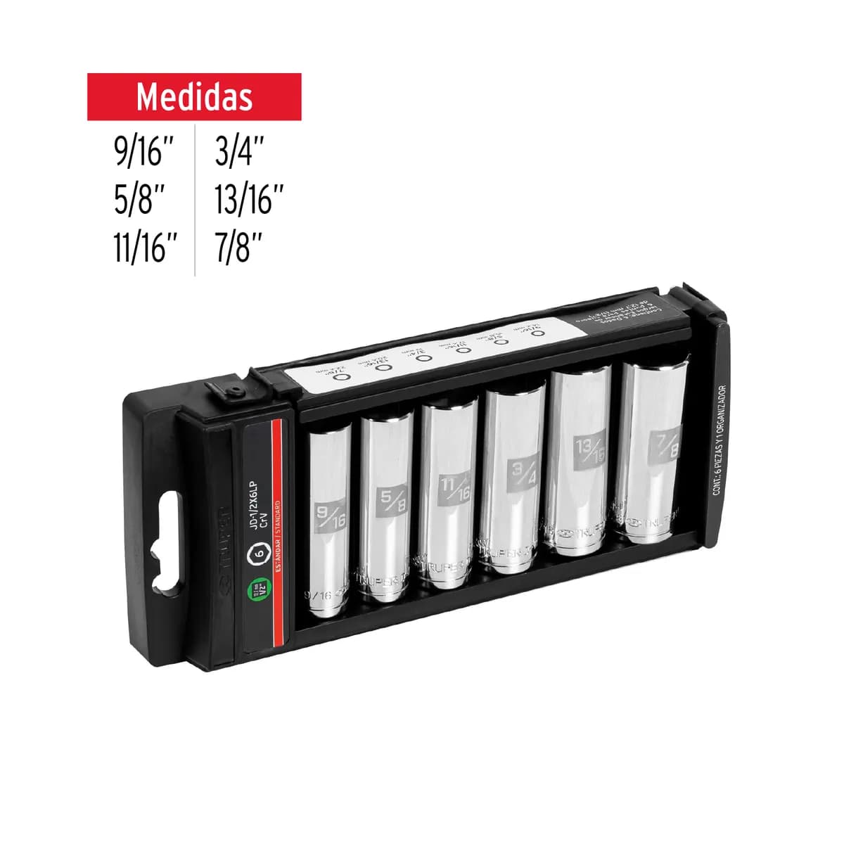 Juego de 6 Dados Largos 1/2" Estándar JD-1/2X6LP Truper - 14174