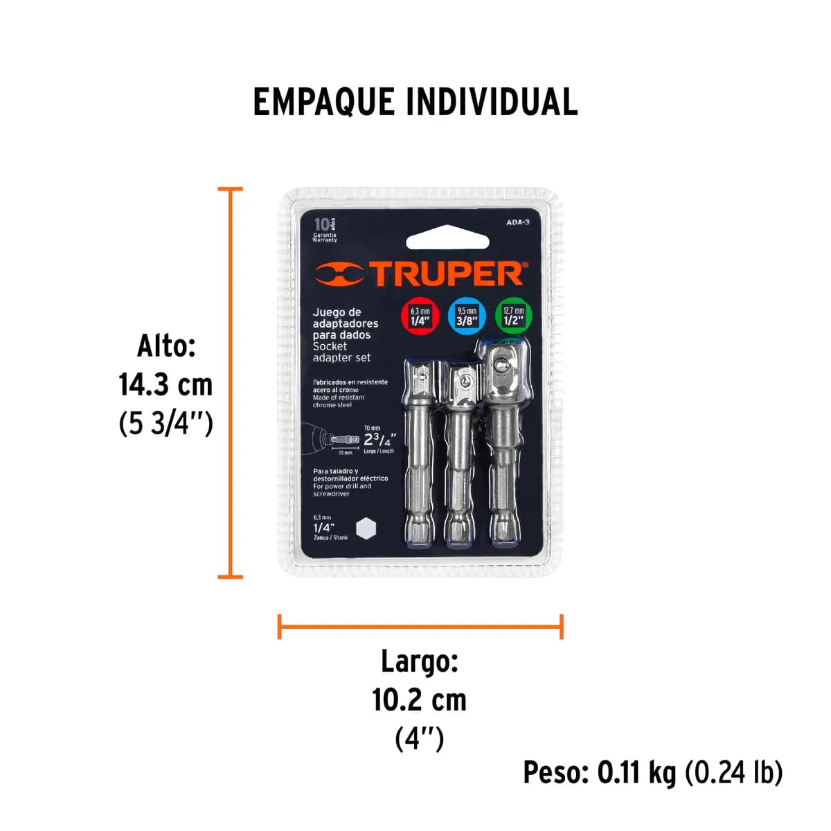 Juego de 3 Adaptadores para Dados 1/4", 3/8" y 1/2" Truper - 10752
