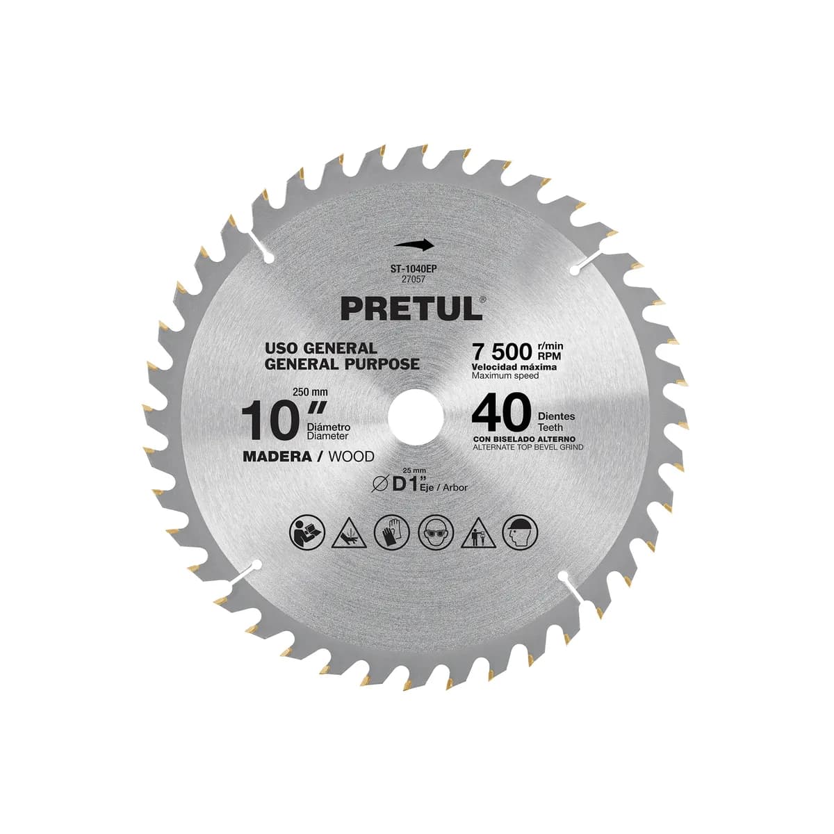 Disco Sierra 10" para Madera 40 Dientes Centro 1" Pretul - 27057