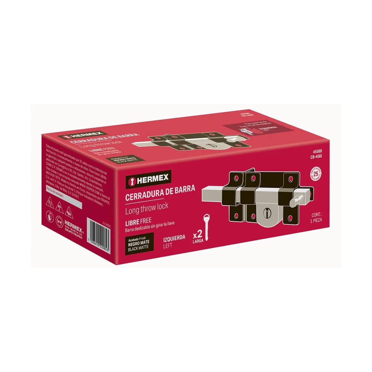 Cerradura de Barra Libre Izquierda Negra Hermex - 45580