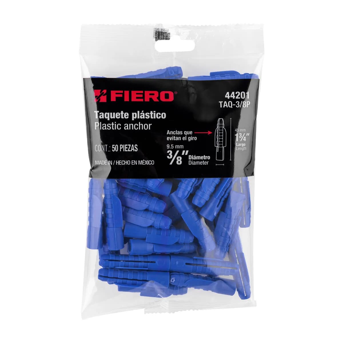 Bolsa con 50 Taquetes de Plástico 3/8" Fiero - 44201