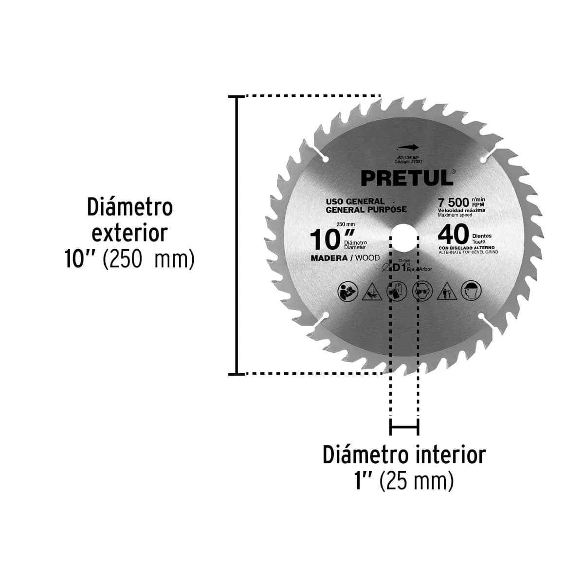 Disco Sierra 10" para Madera 40 Dientes Centro 1" Pretul - 27057