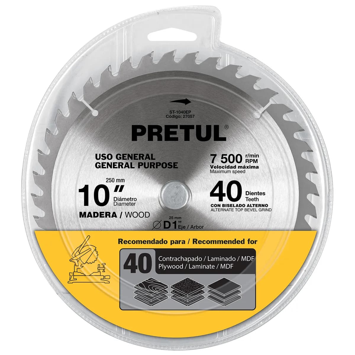 Disco Sierra 10" para Madera 40 Dientes Centro 1" Pretul - 27057