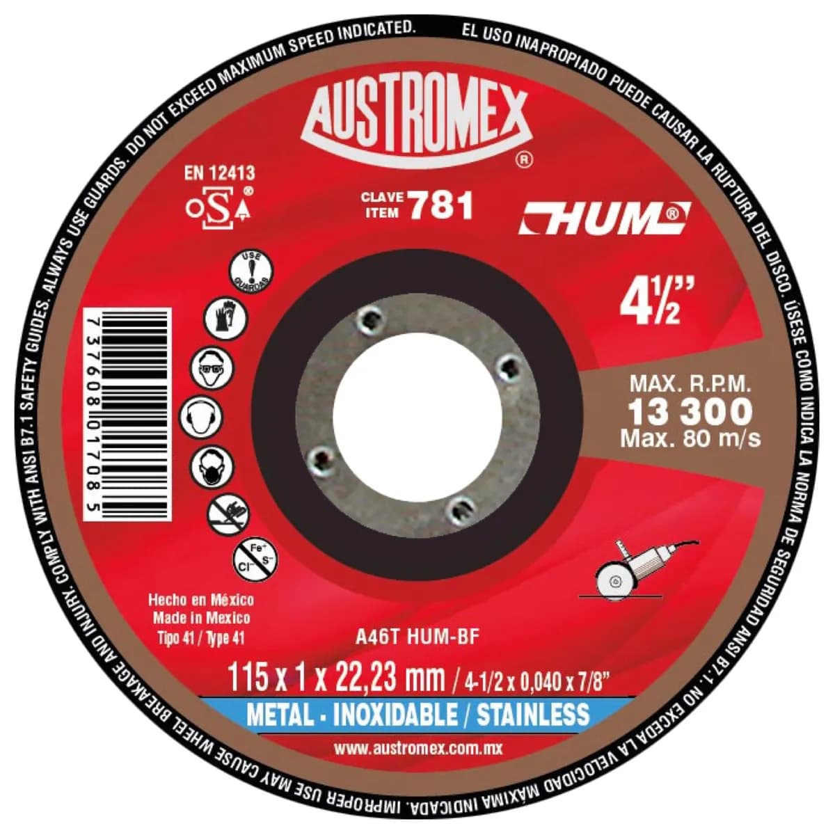 Disco de Corte para Metal HUM 4 1/2" x 7/8" Austromex - A-781