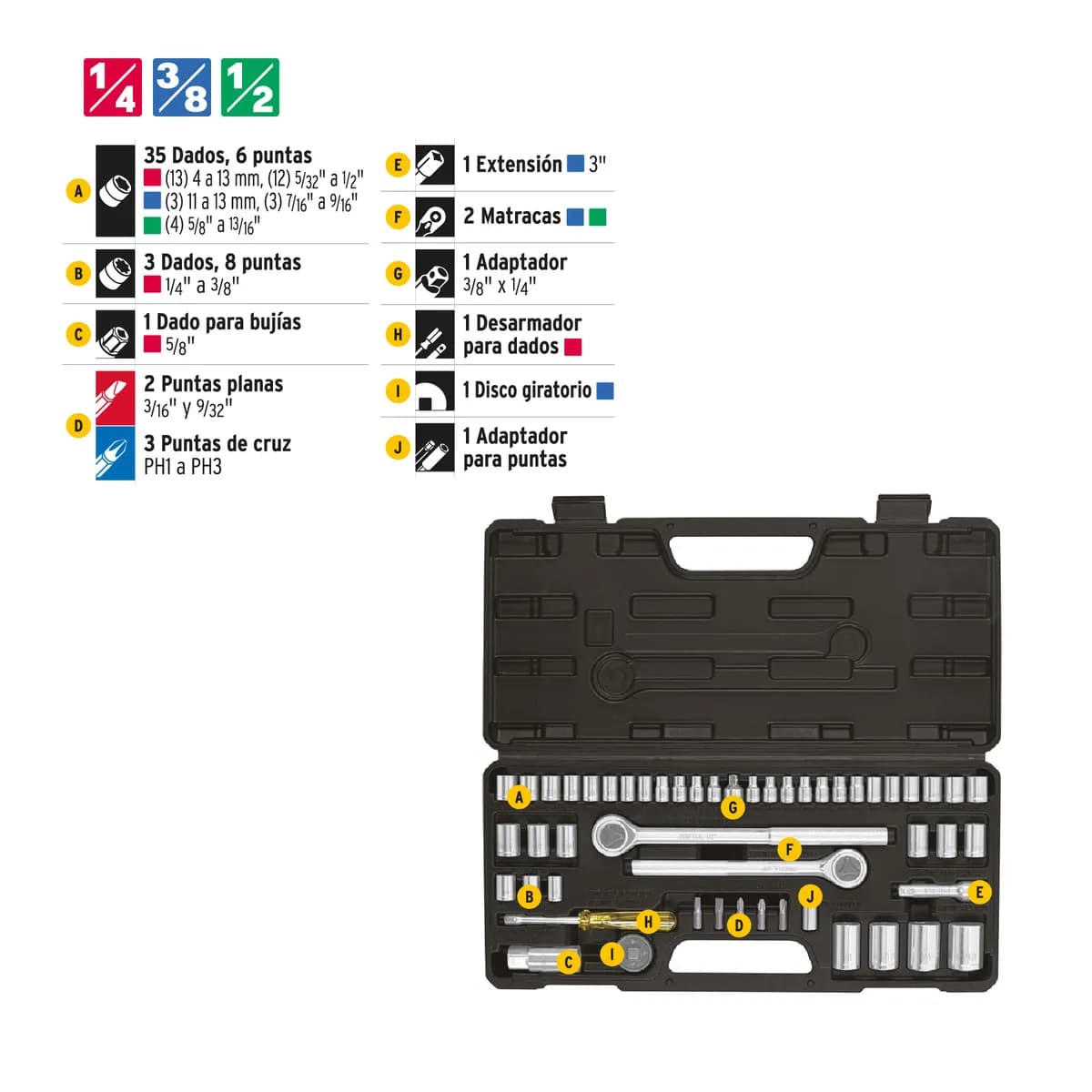 Juego de 51 Herramientas 1/4", 3/8" y 1/2" para Mecánico Pretul - 24219