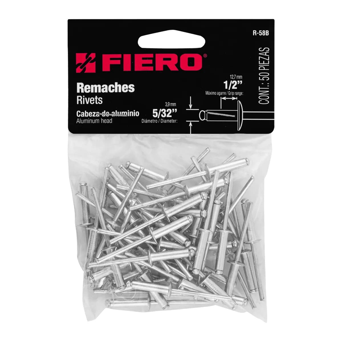 Bolsa con 50 Remaches de Aluminio 5/32" x 1/2" Ala 1/4" Fiero - 44527