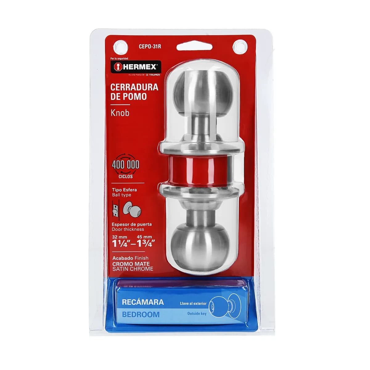 Cerradura Tipo Esfera de Acero Inoxidable para Recámara Hermex Truper - 43464