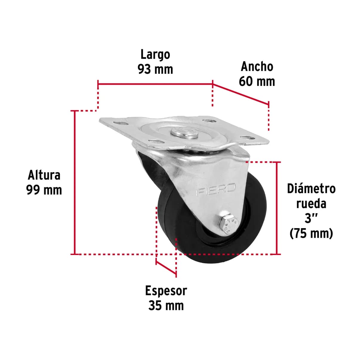 Rueda de Hule Giratoria con Buje Carga 60 kg 3" Fiero - 48610