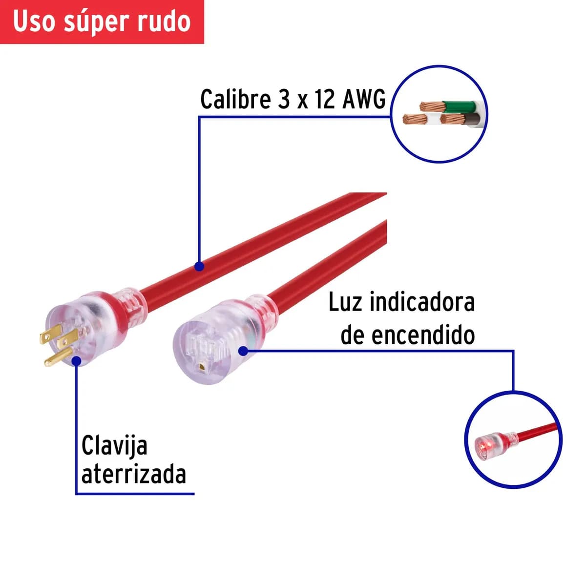 Extensión Reforzada Aterrizada 30 m 3x12 AWG Volteck - 46557