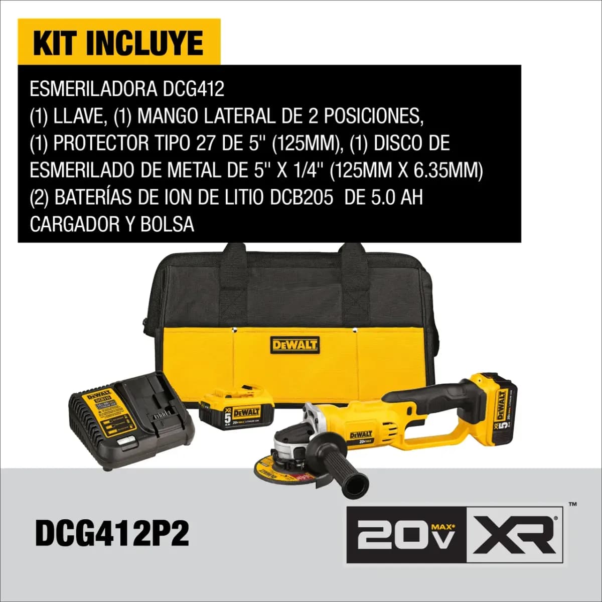Esmeriladora Angular Inalámbrica DEWALT 20V MAX XR Brushless 4-1/2" Kit 2 Baterías 5Ah DCG408P2