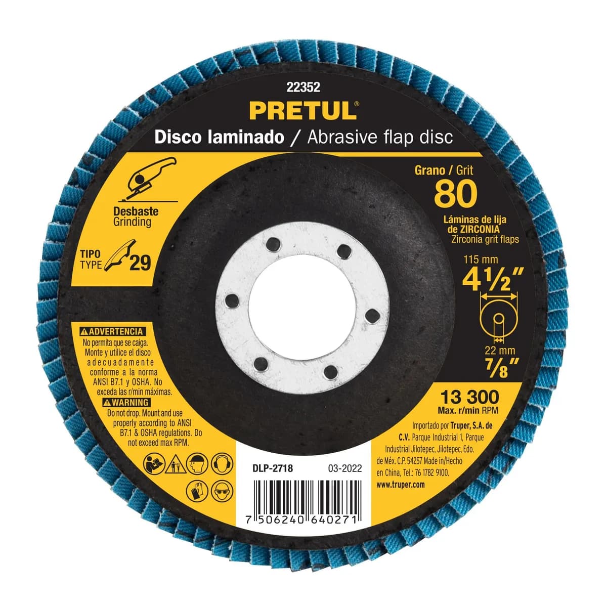Disco Laminado 4 1/2" Grano 80 Centro 7/8" Pretul - 22352