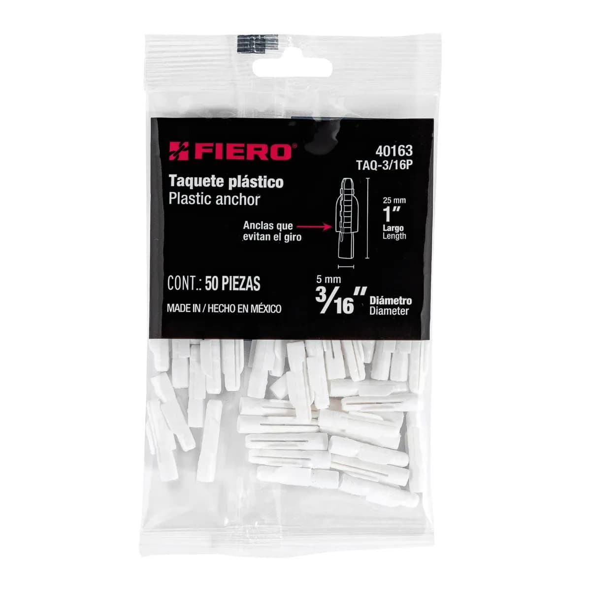 Bolsa con 50 Taquetes de Plástico 3/16" Fiero - 40163