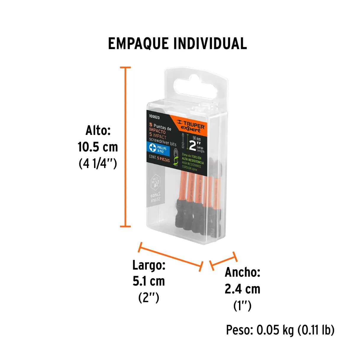 Estuche con 5 Puntas de Cruz PH2 de Impacto Largo 2" Truper - 100820