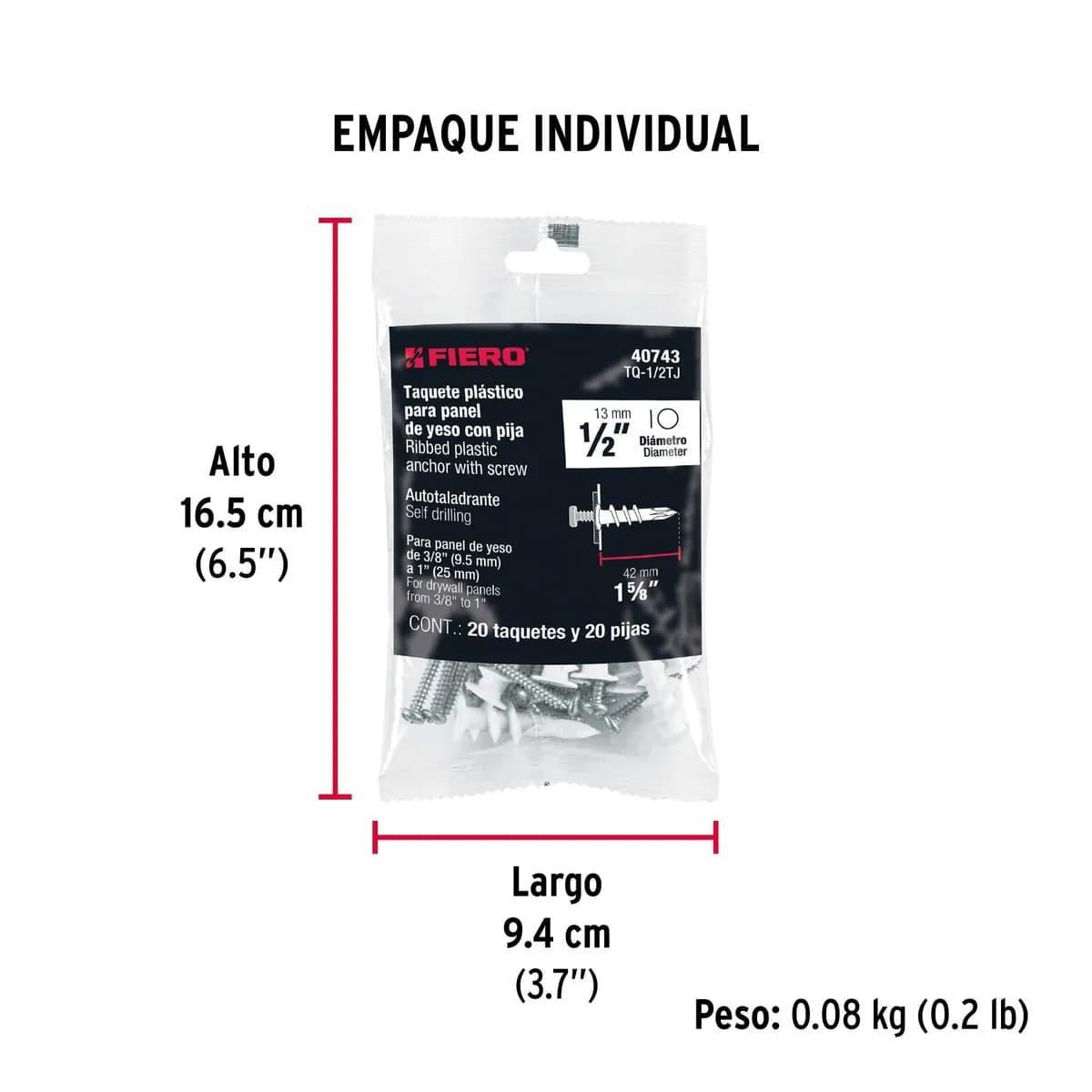 Kit de 20 Taquetes Plásticos 1/2" para Pared de Yeso Truper - 40743