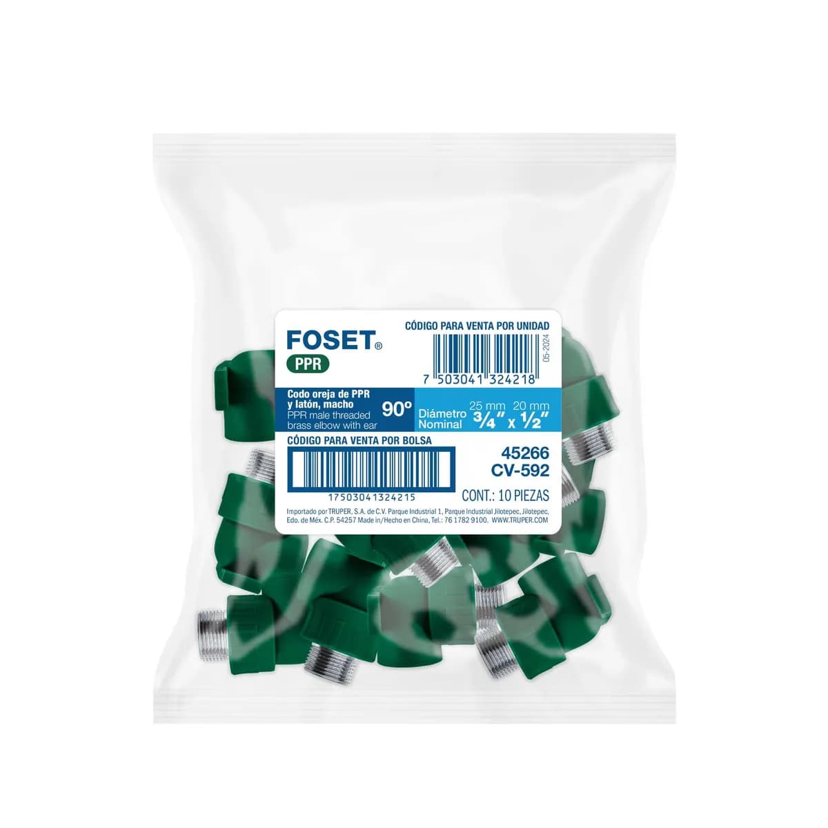 Codo Pipa con Oreja 90° PPR 3/4" Macho con Inserto Metálico Foset - 45266