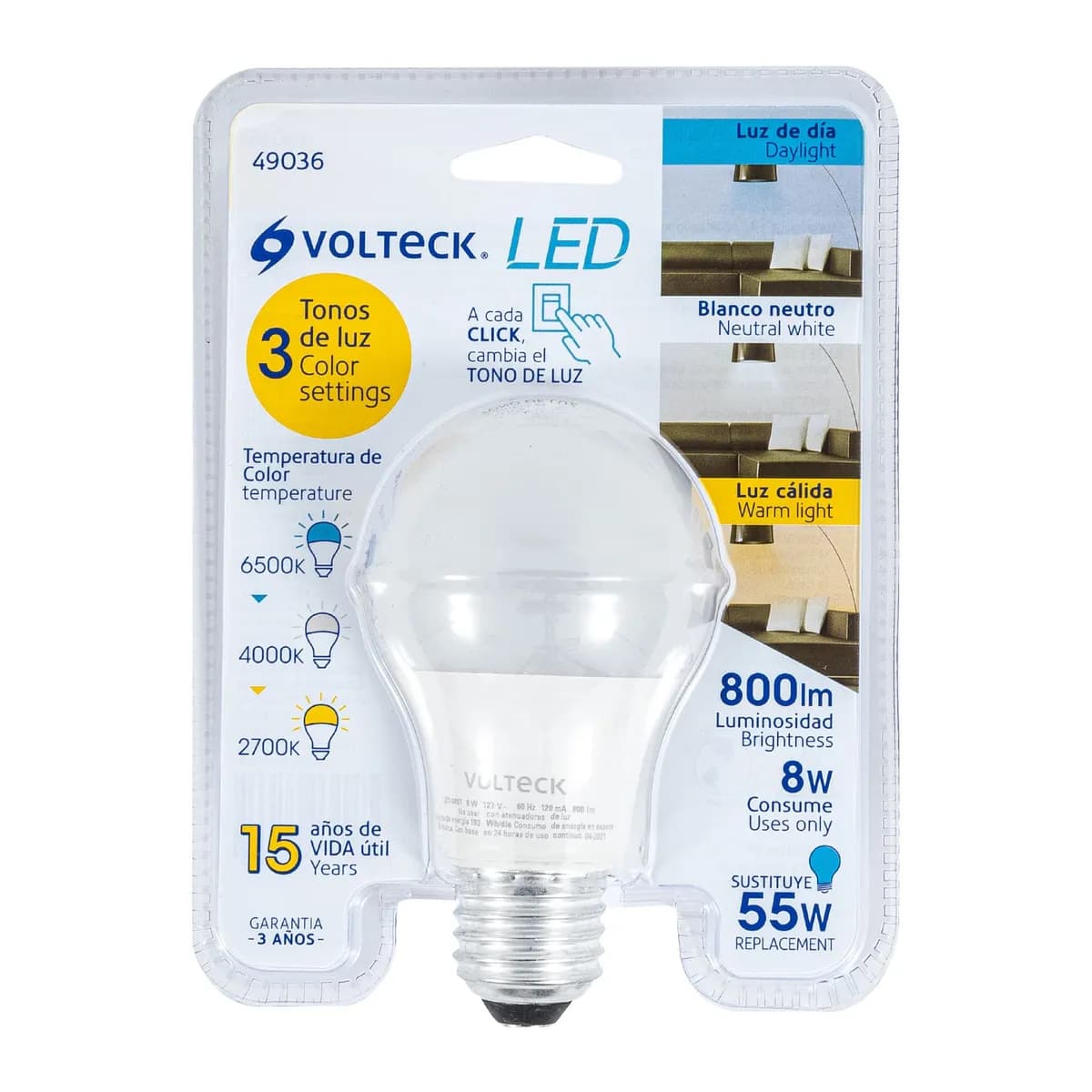 Foco LED 8 W (60 W) A19 con 3 Tonos de Luz Volteck - 49036