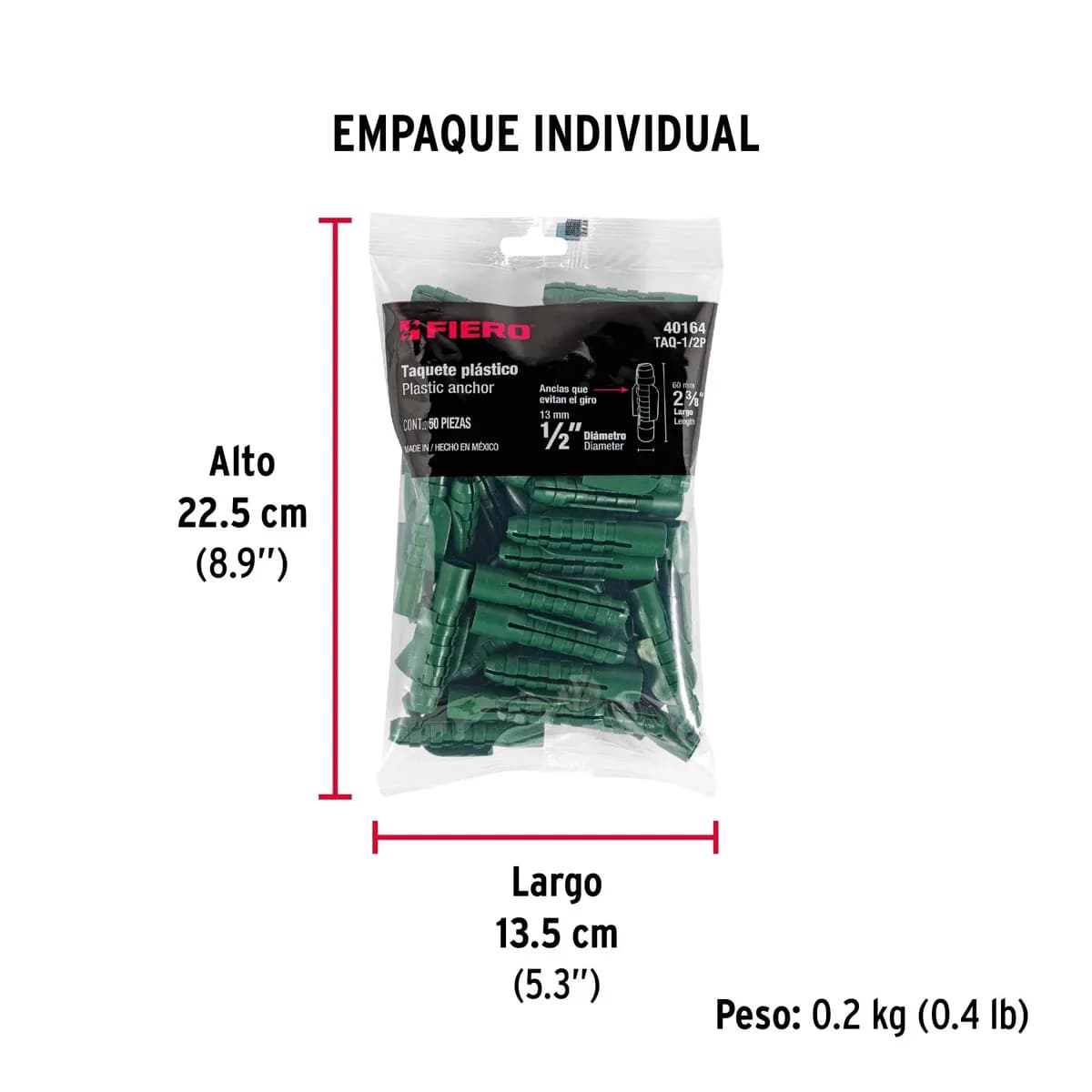 Bolsa con 50 Taquetes de Plástico 1/2" Fiero - 40164
