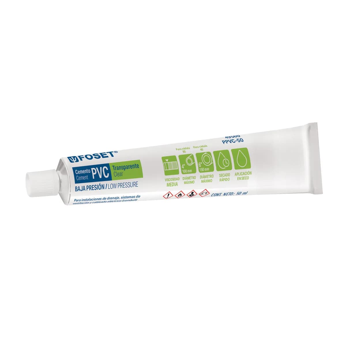 Cemento para PVC Baja Presión Transparente en Tubo de 50 ml Foset - 49560