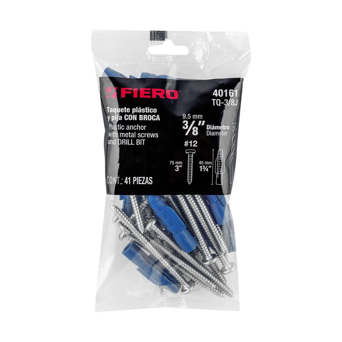 Kit de 20 Taquetes 3/8" con Pija #12 y Broca 3/8" Fiero - 40161