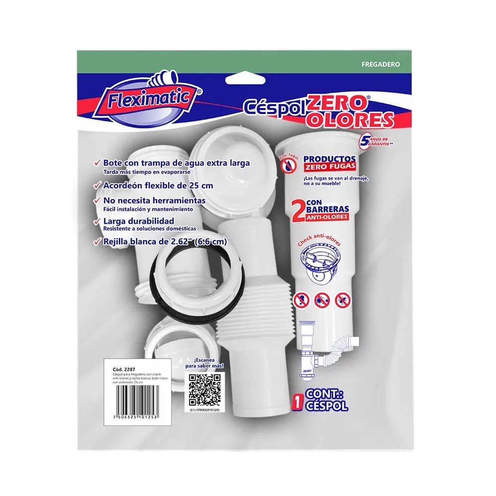 Céspol para Fregadero con Rejilla Blanco Bote Chico 25 cm y Check Antiolor Fleximatic - 2287
