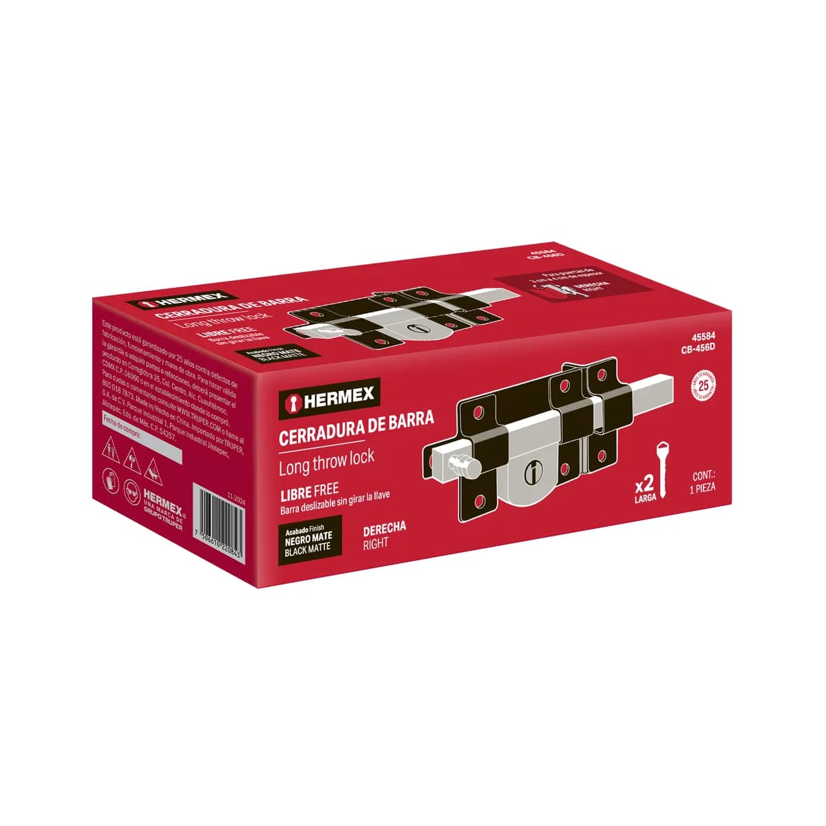 Cerradura de Barra Libre Derecha Negra Hermex - 45584
