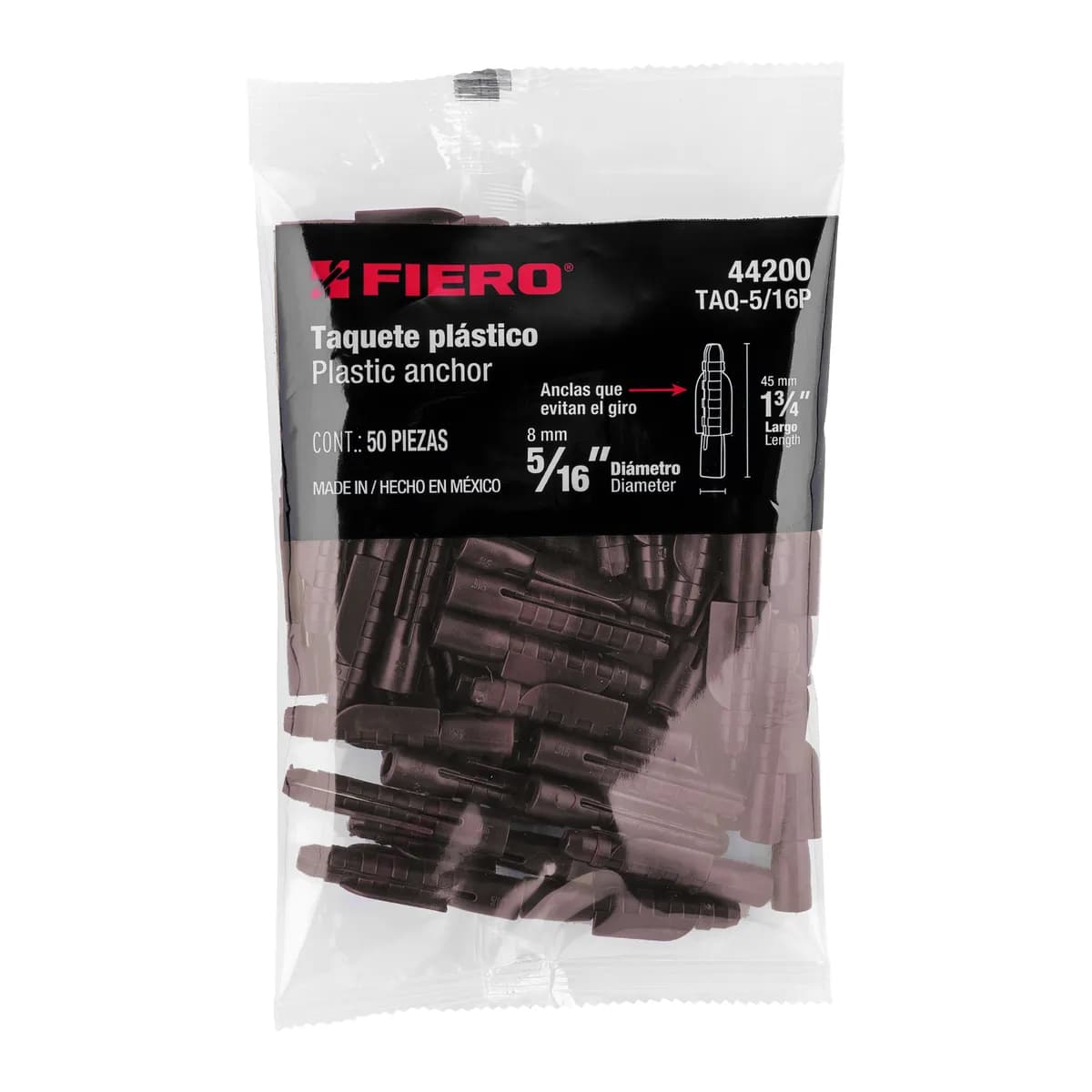 Bolsa con 50 Taquetes de Plástico 5/16" Fiero - 44200
