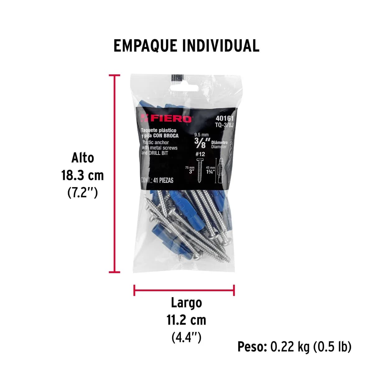 Kit de 20 Taquetes 3/8" con Pija #12 y Broca 3/8" Fiero - 40161