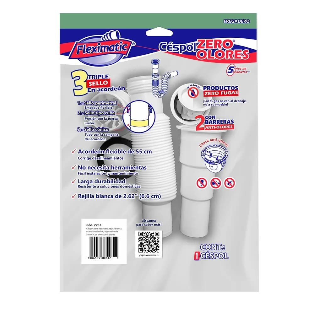 Céspol para Fregadero con Rejilla Blanco 55 cm y Check Antiolor Fleximatic - 2233
