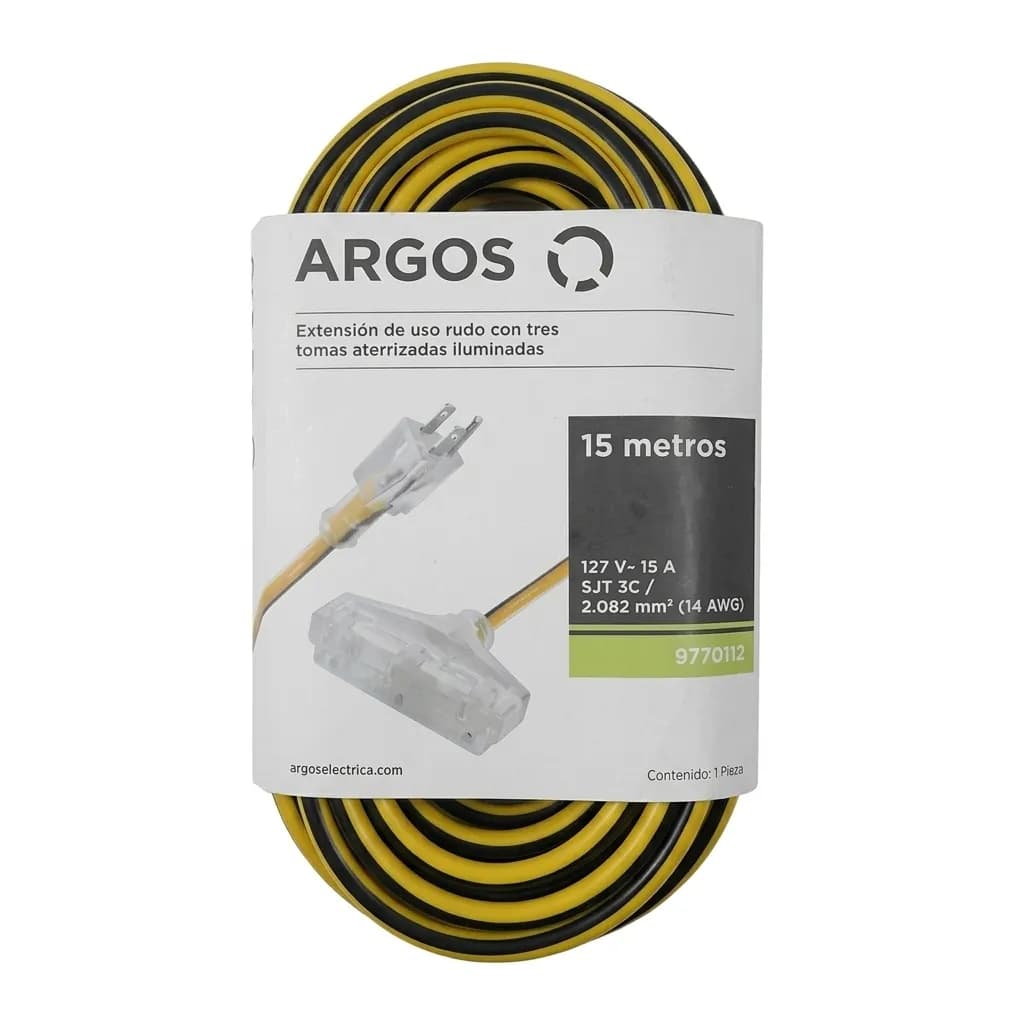 Extensión Uso Rudo 15m SJT 14 AWG Argos 9770113 Amarillo/Negro Iluminada