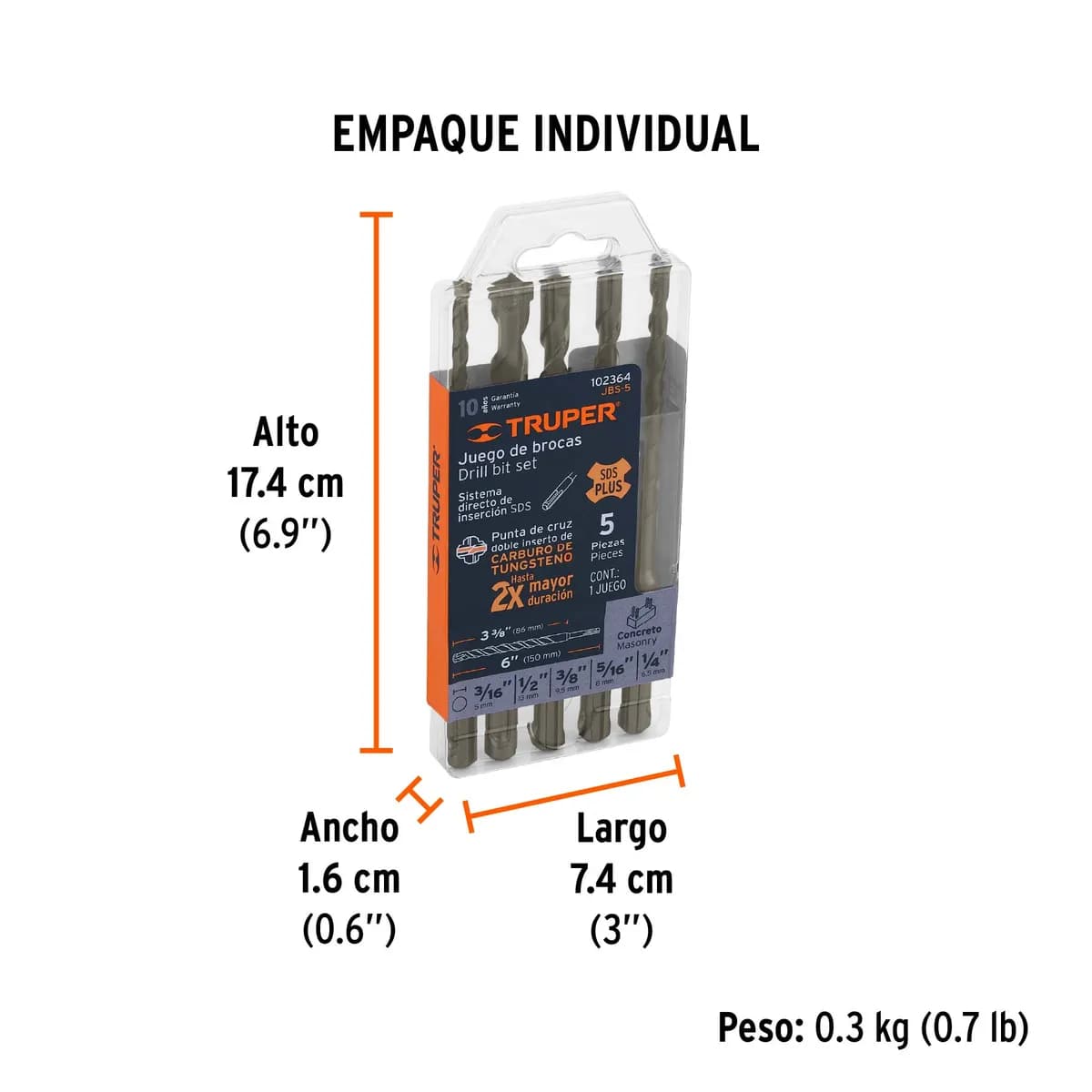 Juego de 5 Brocas para Concreto SDS Plus Truper - 102364