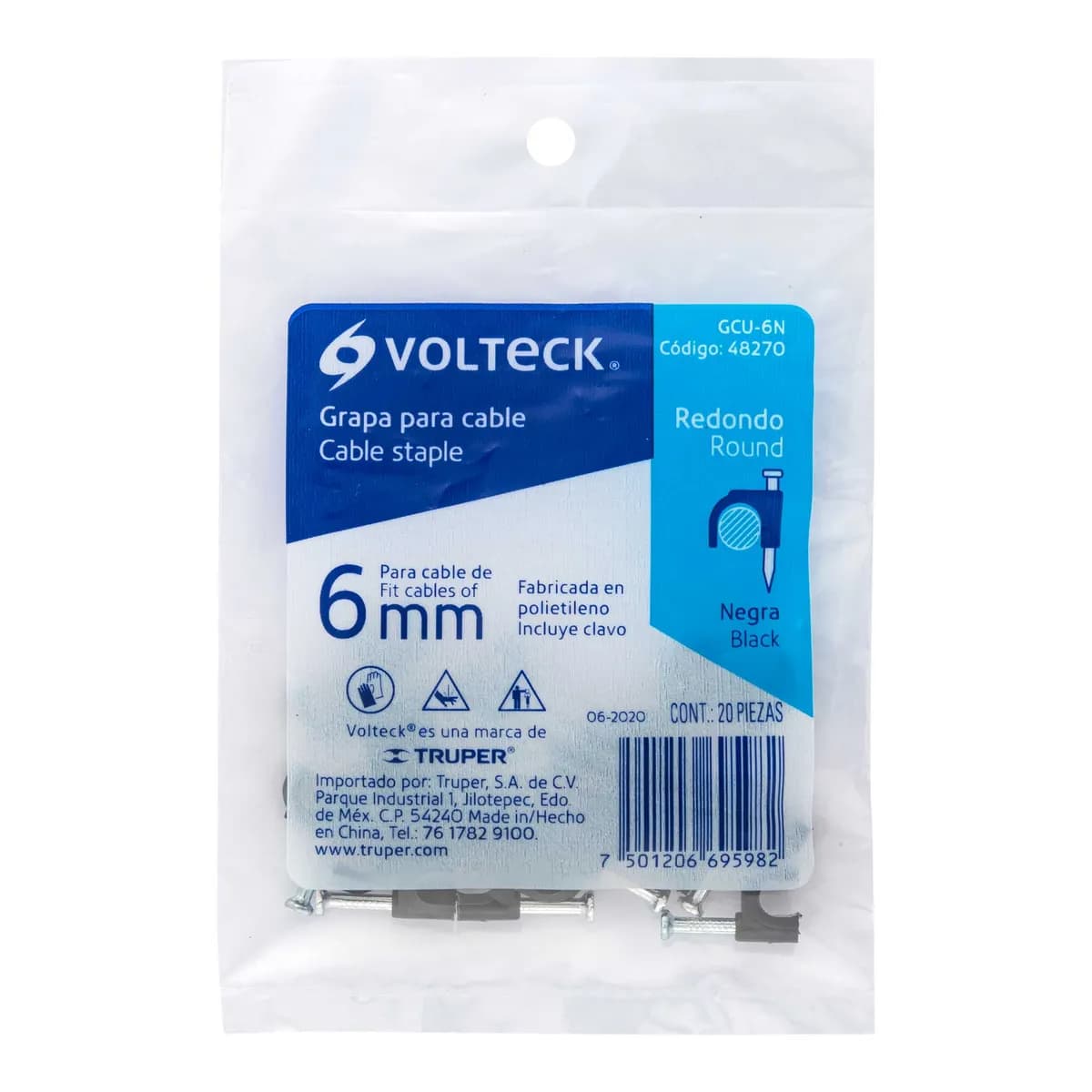 Bolsa con 20 Grapas Negras 6 mm para Cable Redondo Volteck - 48270