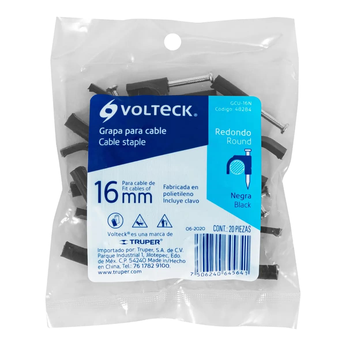 Bolsa con 20 Grapas Negras 16 mm para Cable Redondo Volteck - 48284
