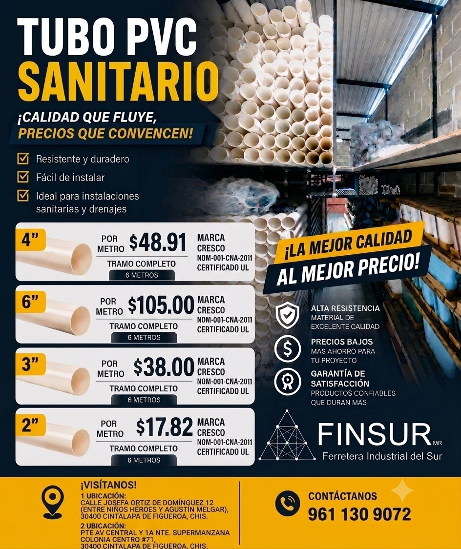 Tubo PVC Sanitario CRESCO con certificación NOM y UL